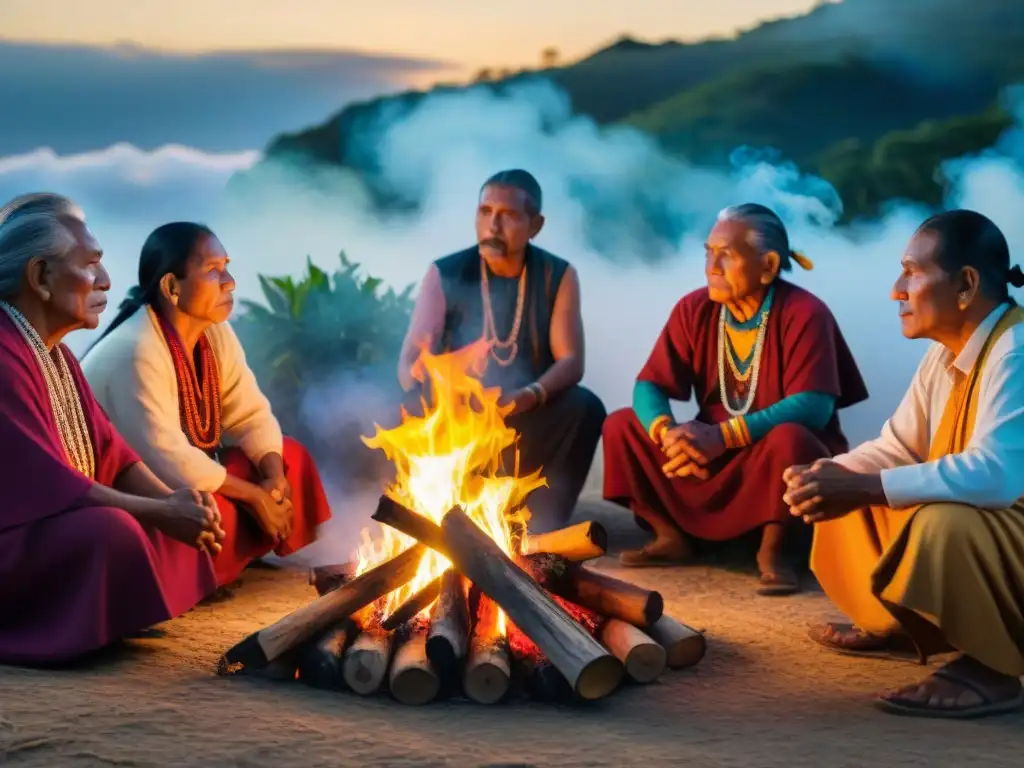 Ritual maya: sabiduría ancestral junto al fuego Vibrante reunión de ancianos y jóvenes mayas alrededor de fogata, compartiendo historias para revitalización lenguas mayas casos éxito