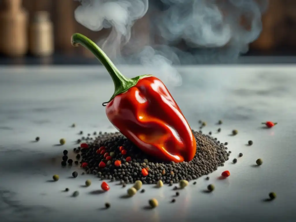 Una vibrante pimienta Tabasco roja siendo machacada con herramienta de piedra maya en cocina moderna, destacando legado maya pimienta Tabasco cocina