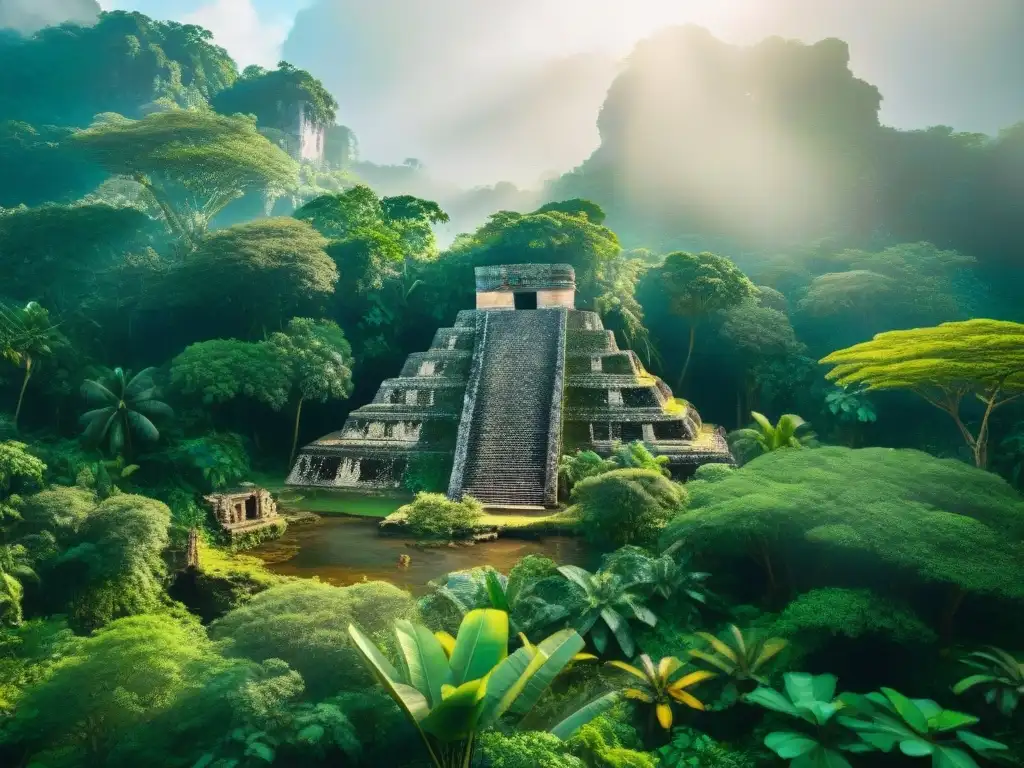 Vibrante selva maya con ruinas antiguas y prácticas mayas bienestar sostenible