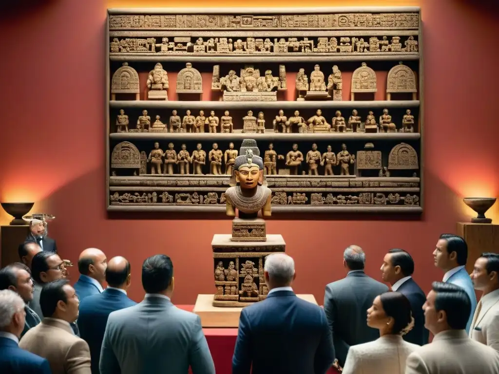 Vibrante subasta de arte maya antiguo: pujas fervorosas y elegancia en una sala llena de luz y emoción