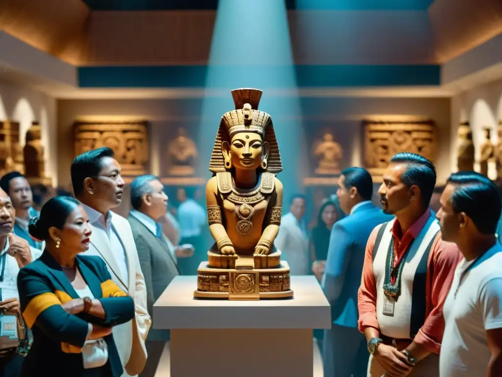 Vibrante subasta de arte maya antiguo: ambiente de emoción y elegancia con valiosas reliquias mayas y pujas entusiastas