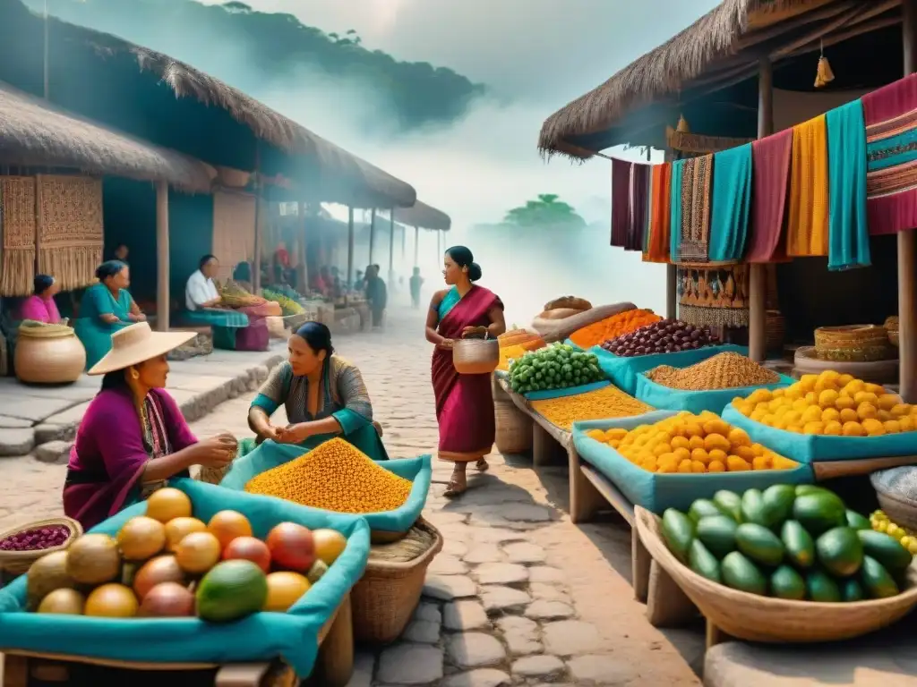 Vibrante trueque en mercado maya, destacando textiles y productos, reflejando prácticas comerciales mayas