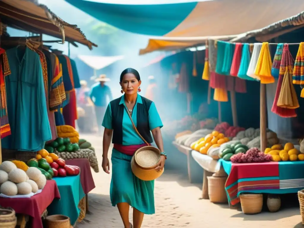 Vibrante trueque en mercado maya, con tejidos coloridos y productos artesanales