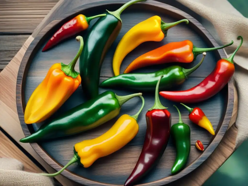 Una vibrante variedad de chiles en una mesa de madera rústica, resaltando los beneficios del chile en la dieta maya