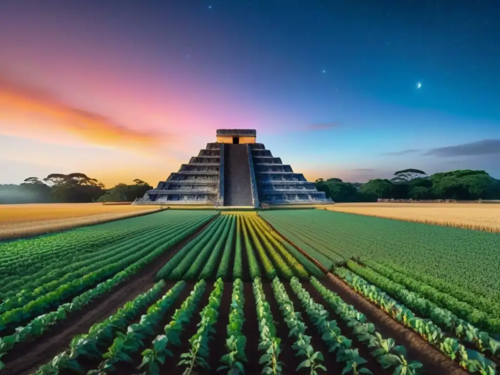 Vibrante vista de campo maya al amanecer con ruinas antiguas y cielo estrellado, mostrando la conexión entre astronomía en agricultura maya