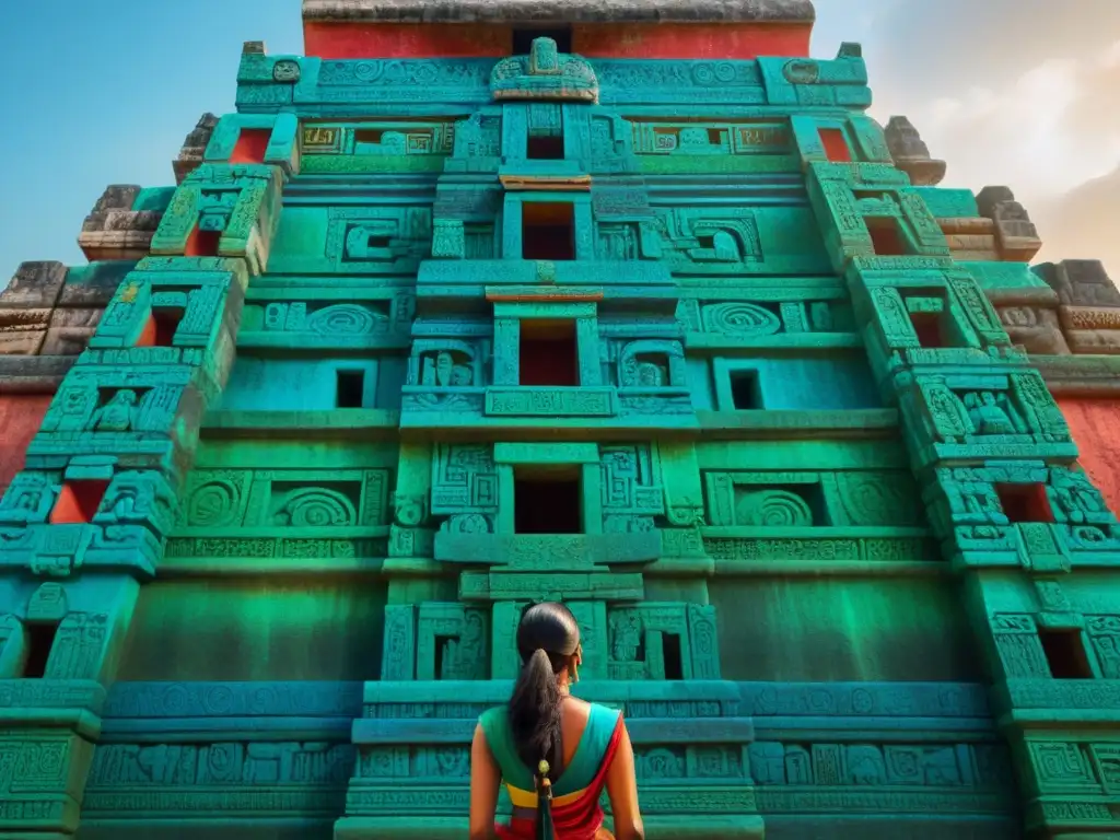 Los vibrantes colores mayas en la fachada de un templo ancestral iluminados por el sol