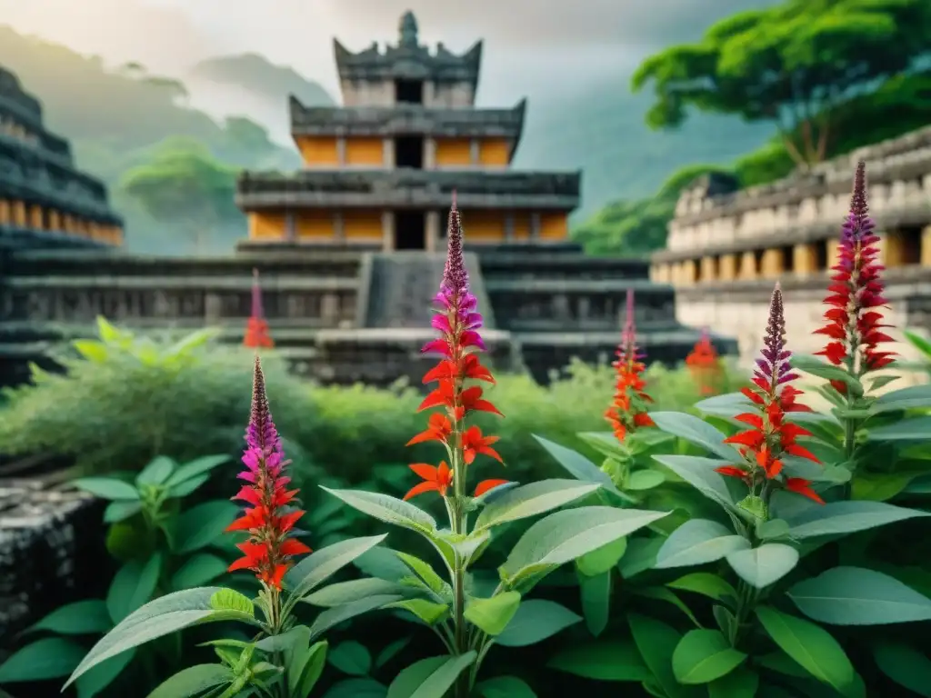 Vibrantes flores rojas de Salvia serpens entre ruinas de templos mayas, resaltando la coexistencia con especies endémicas