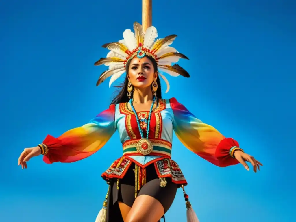 Vibrantes trajes tradicionales de la Danza de los Voladores, con significado cultural profundo, en medio de una actuación bajo cielos azules