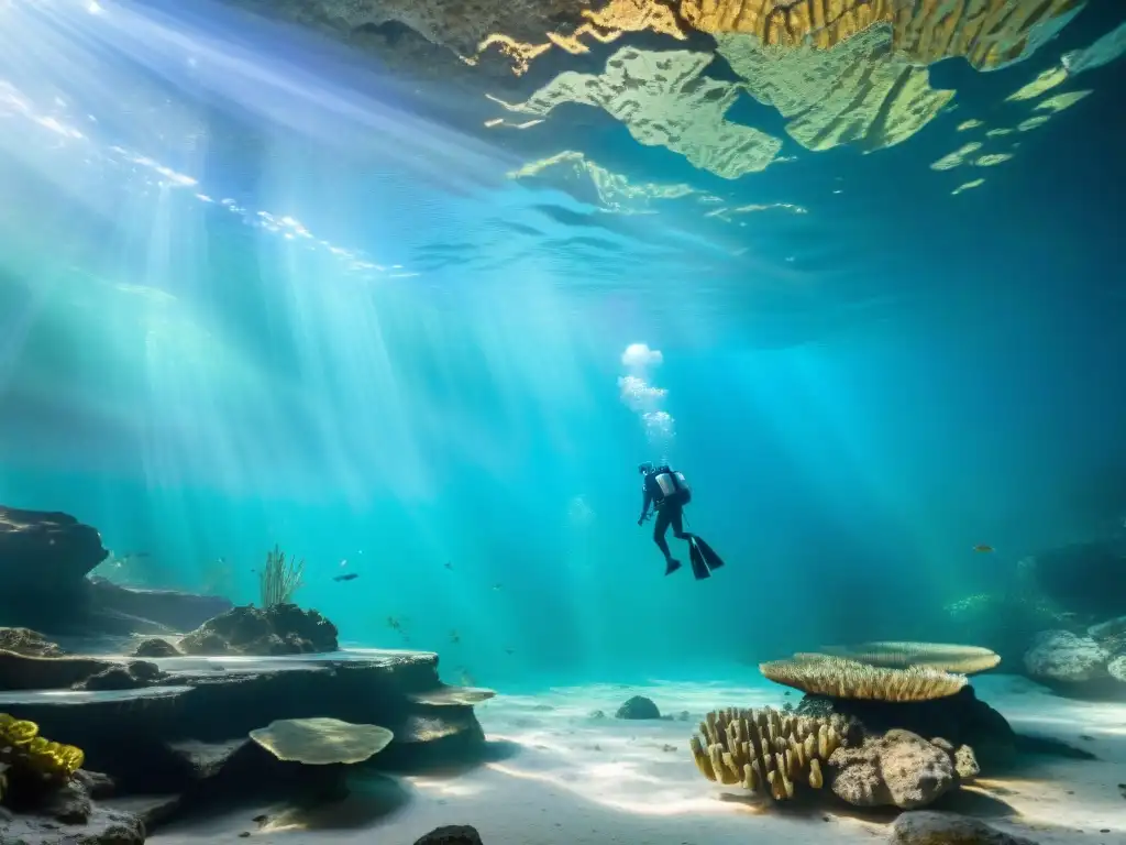 Explora la vida acuática en cenotes mayas: escuelas de peces entre formaciones rocosas iluminadas por el sol