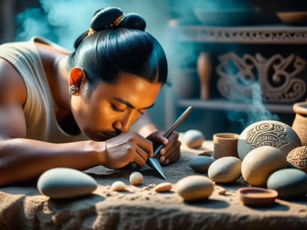 Vida cotidiana maya en Sayil: Artesano maya tallando diseños en herramienta de piedra, fusionando técnicas ancestrales con herramientas modernas