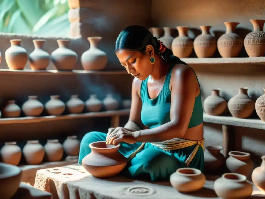 Vida cotidiana maya en Sayil: Artesanos mayas creando cerámica detallada en taller tradicional