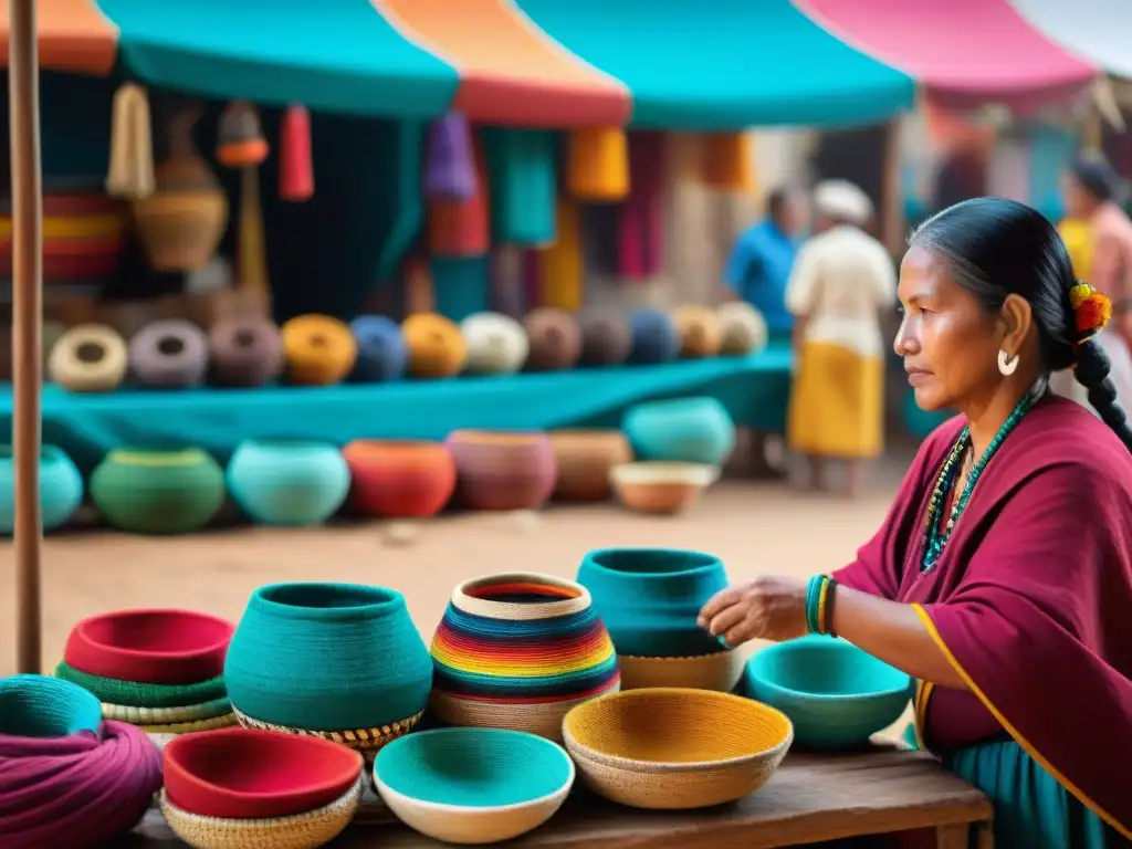 Vida cotidiana maya capturada en un bullicioso mercado lleno de colores vibrantes y artesanías tradicionales