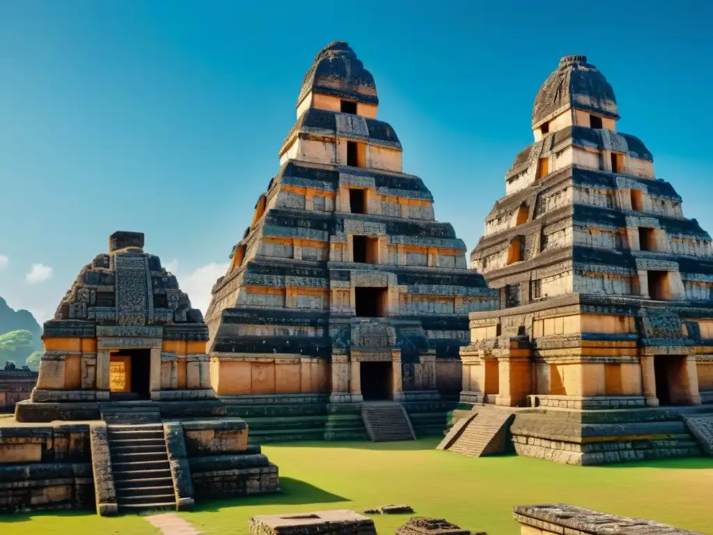 Vida cotidiana maya en Sayil: Detalles de la Gran Palacio, columnas altas y arquitectura maya, bajo un cielo azul