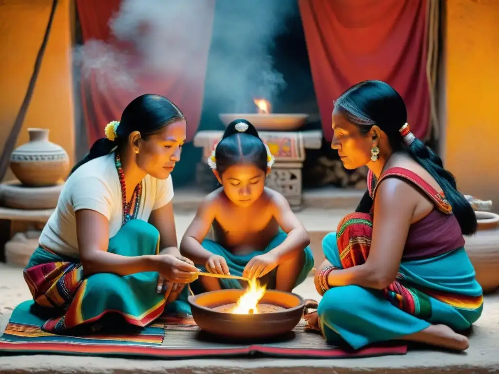 Vida cotidiana maya: familia reunida alrededor de fogón, madre cocina, padre teje y niños juegan con juguetes artesanales