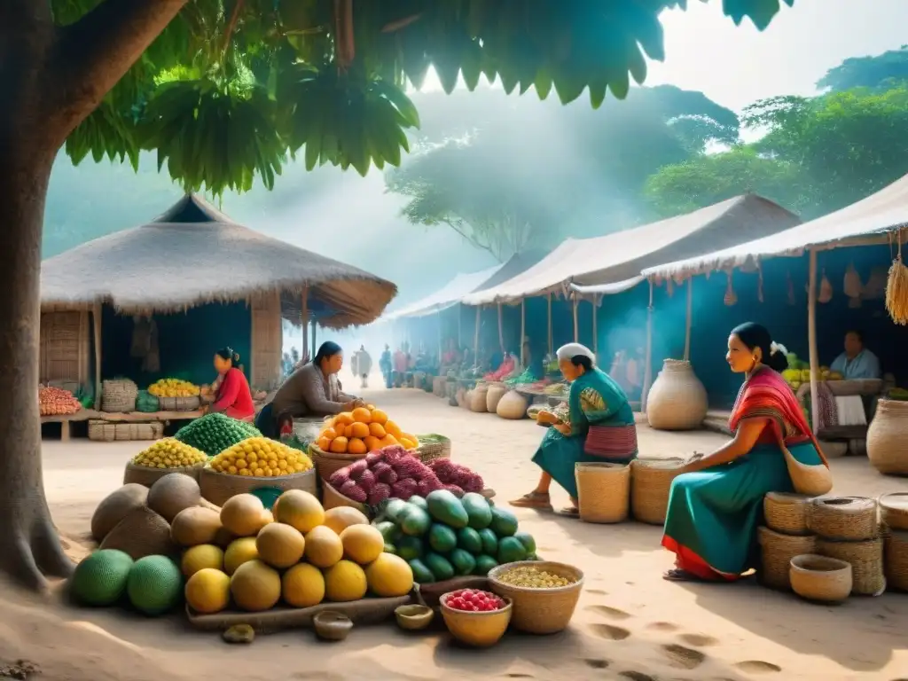 Vida cotidiana maya en Sayil: Mujeres mayas vendiendo frutas y artesanías bajo antiguas estructuras de piedra, en un animado mercado