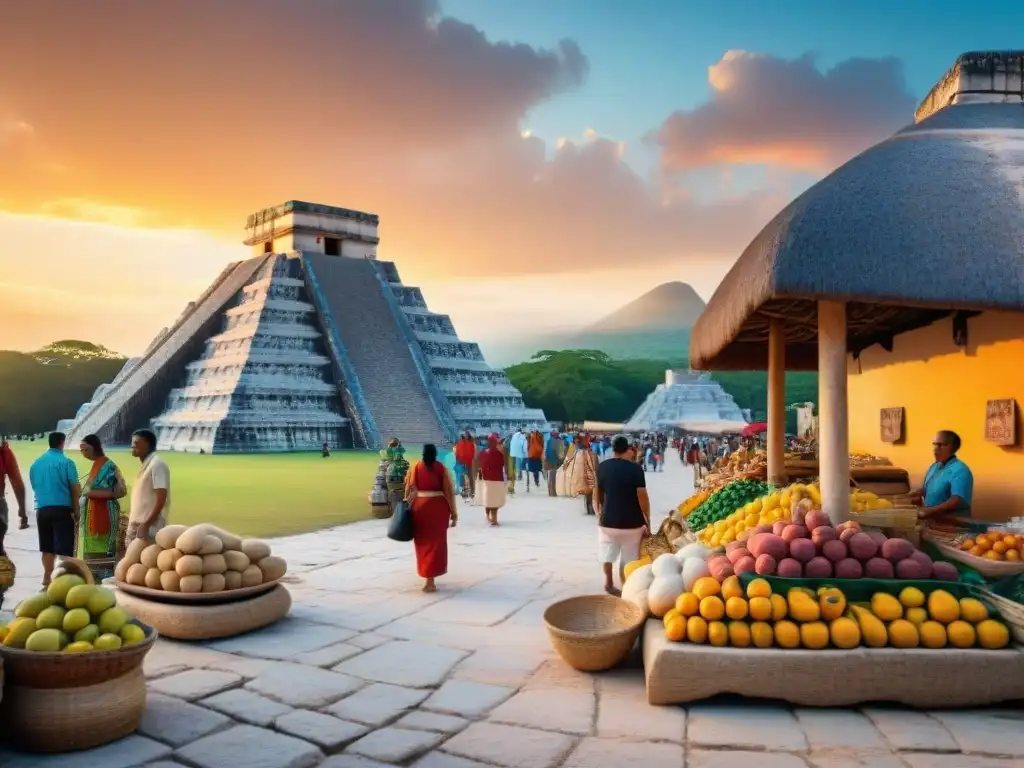 Vida cotidiana maya y turismo cultural en Chichén Itzá, con mercados, artesanías y El Castillo al atardecer