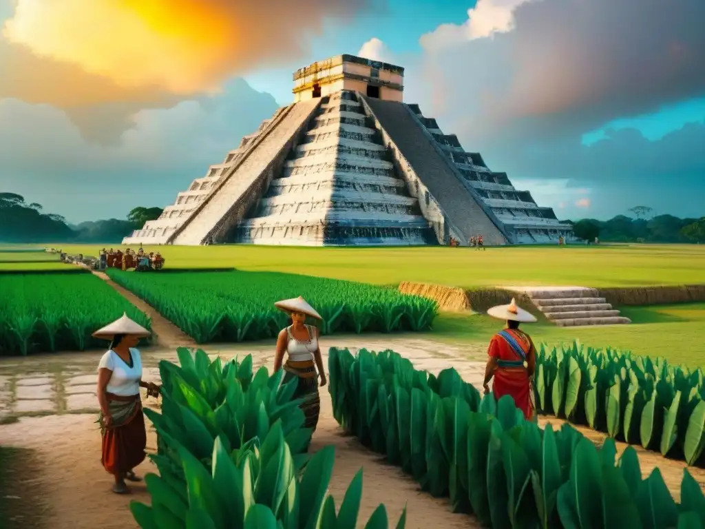 Vida cotidiana de los Mayas cuidando cultivos con Chichen Itzá al fondo en un día soleado, reflejando el Calendario Maya