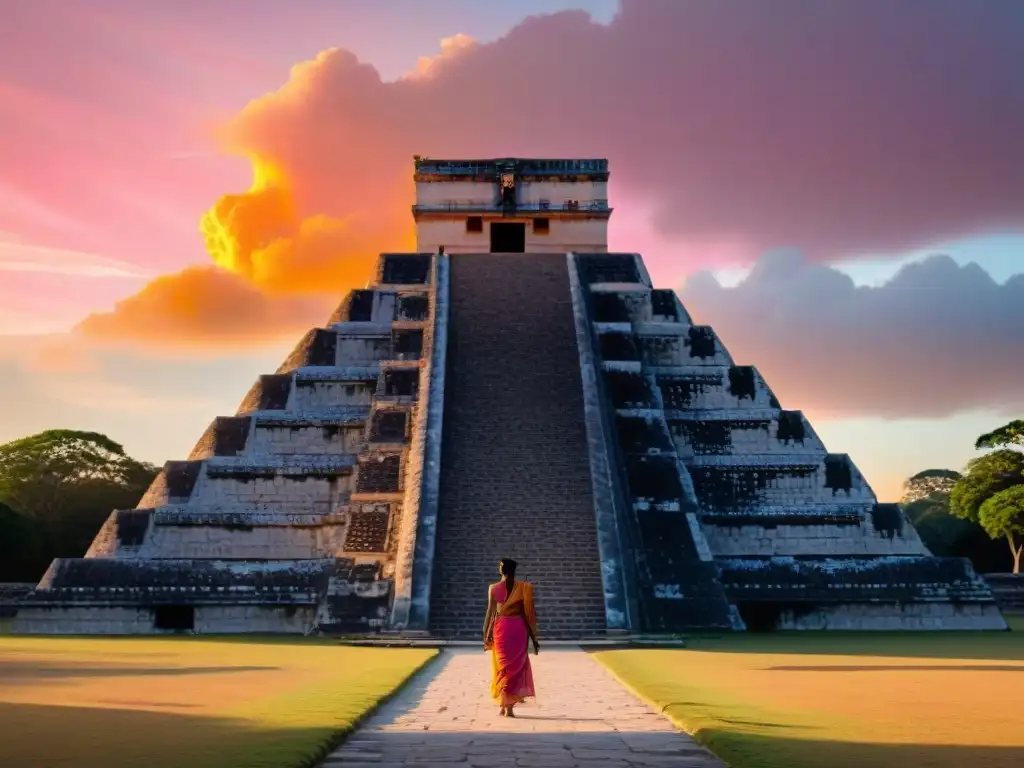 Vida social y religiosa maya: Amanecer en Chichén Itzá con los primeros rayos de sol iluminando el Templo de Kukulcán