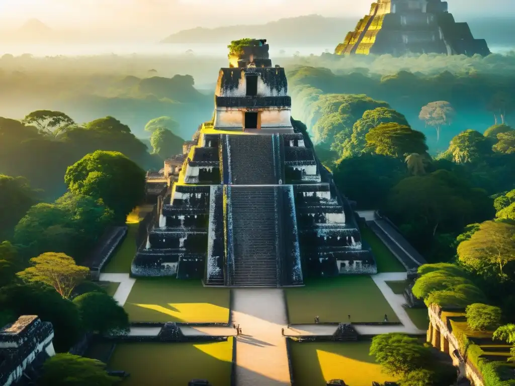 Vida social y religiosa maya en la Gran Plaza de Tikal al amanecer, con sus pirámides y detalles intrincados iluminados por la suave luz dorada