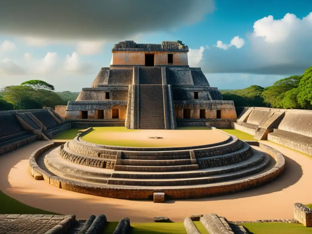 El Juego de Pelota Maya: Misterio y Espiritualidad en Uxmal Vida en Uxmal cultura maya: Imagen detallada del antiguo juego de pelota maya, destacando sus grabados y arquitectura sagrada