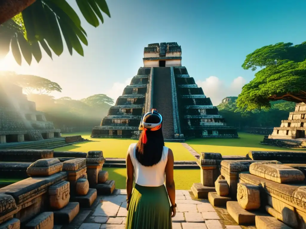 Un guía virtual lidera a estudiantes por templo maya, con la selva y pirámides de fondo