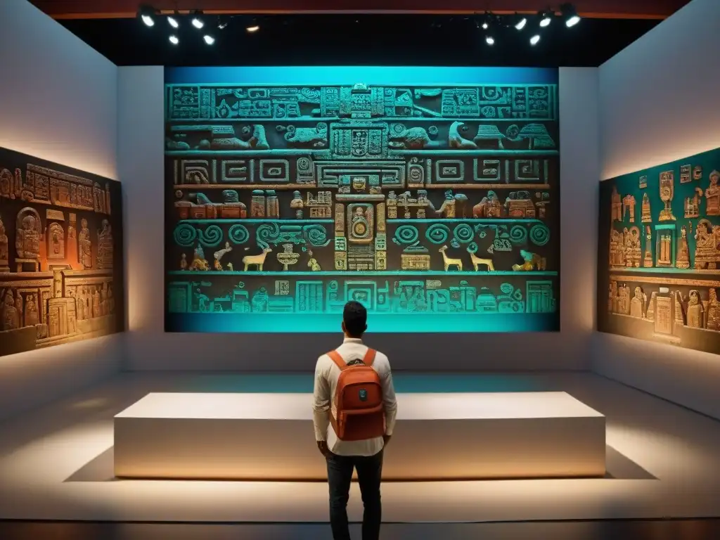 Reconstrucción virtual frescos mayas en pantalla digital en ambiente moderno oscuro