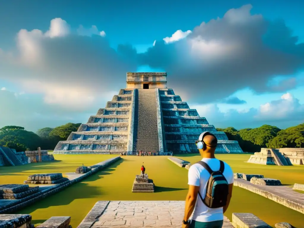 Un visitante moderno en Chichén Itzá usa apps de realidad aumentada para interactuar con hologramas de estructuras mayas, fusionando pasado y presente