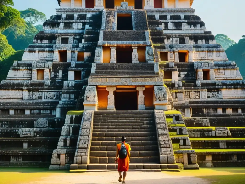 Visitantes admirando la Astronomía en la arquitectura maya del Templo de las Inscripciones en Palenque al atardecer