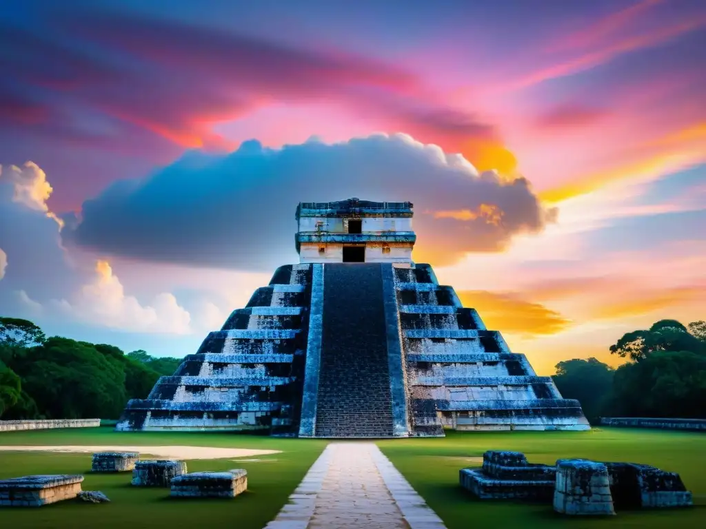 Visitantes maravillados por los observatorios astronómicos mayas en Chichen Itza al atardecer, conectando con la educación turística