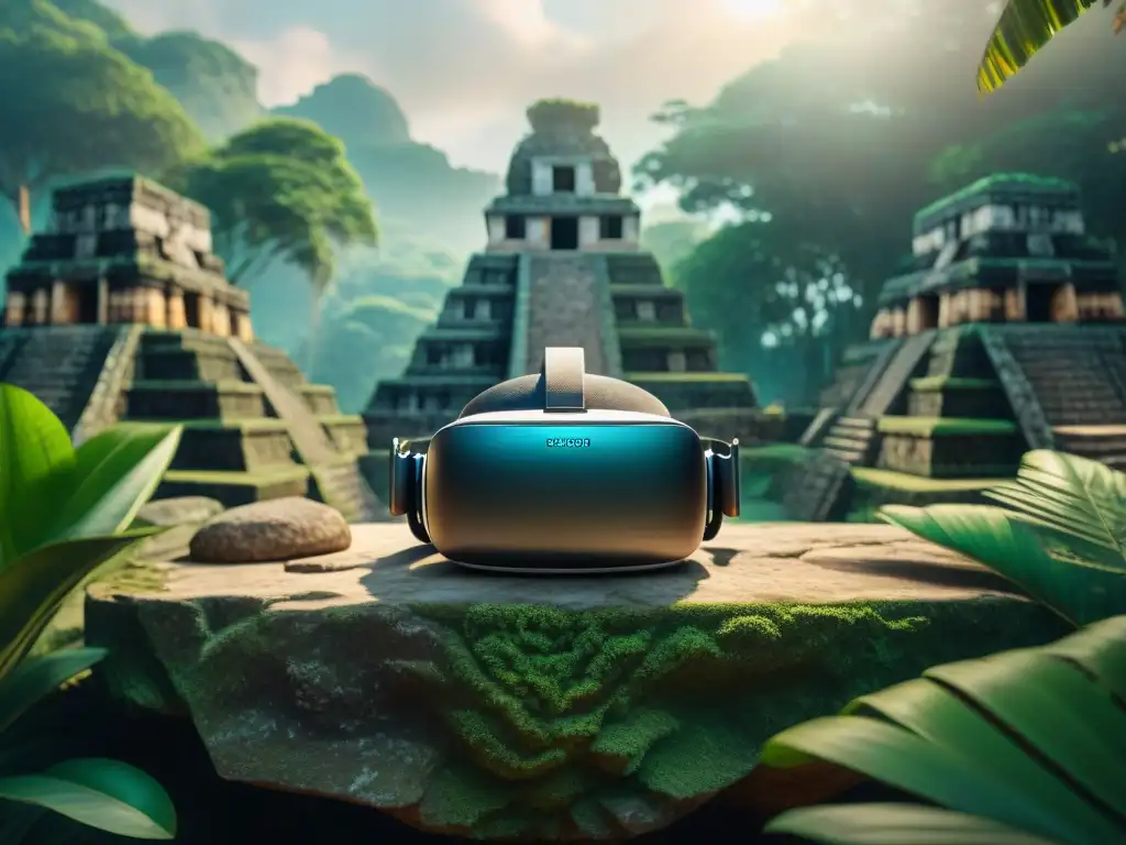 Visitas virtuales a sitios mayas: La realidad virtual en un altar maya, con ruinas antiguas y naturaleza exuberante en un juego de luces y sombras