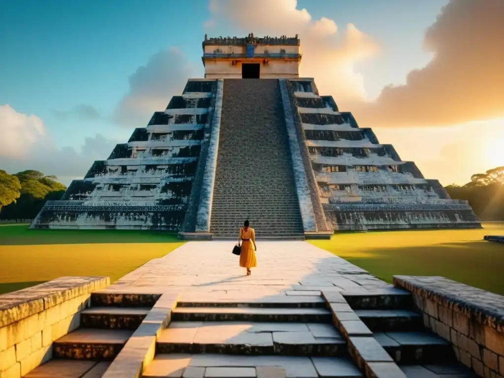 Visitas virtuales a sitios mayas: Atardecer en el Templo de Kukulkán en Chichén Itzá, con turistas usando lentes de realidad virtual