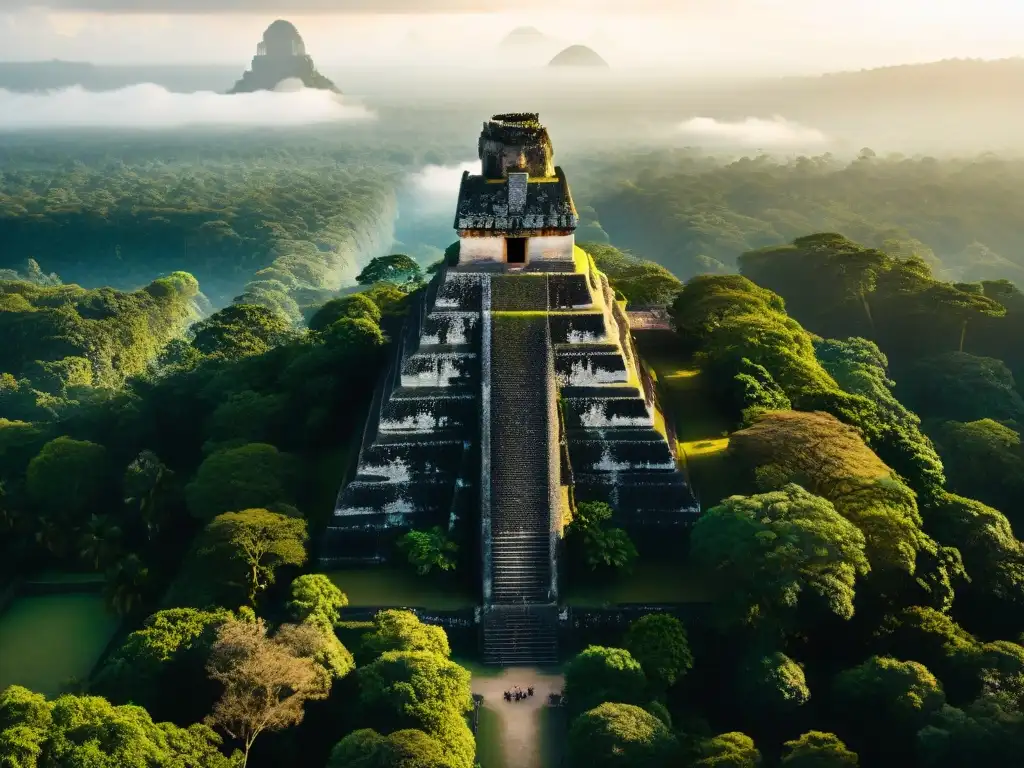 Vista aérea de la antigua ciudad maya de Tikal en Guatemala resalta la Geometría sagrada en arquitectura maya