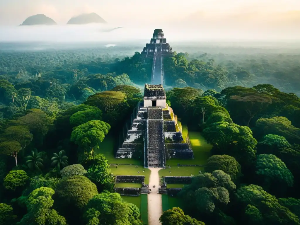 Vista aérea de la antigua ciudad maya de Tikal, resaltando sus templos y pirámides rodeados de exuberante vegetación