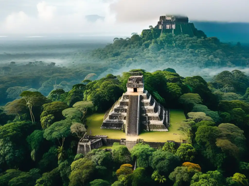 Vista aérea de la antigua ciudad maya de Tikal, resaltando sus Viviendas Mayas en la arquitectura, rodeadas de exuberante jungla guatemalteca