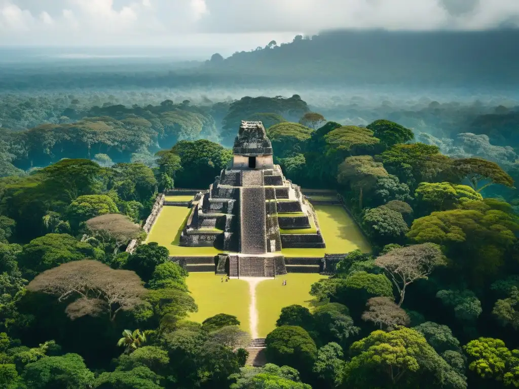 Vista aérea de la antigua ciudad maya de Tikal, destacando su arquitectura en medio de la frondosa selva