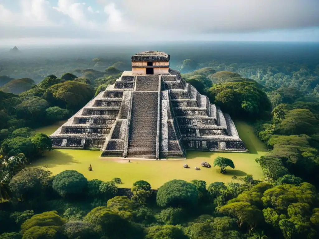 Vista aérea de las antiguas ruinas mayas en el sitio arqueológico del Mirador, resaltando la grandiosidad y la Primera gran guerra maya