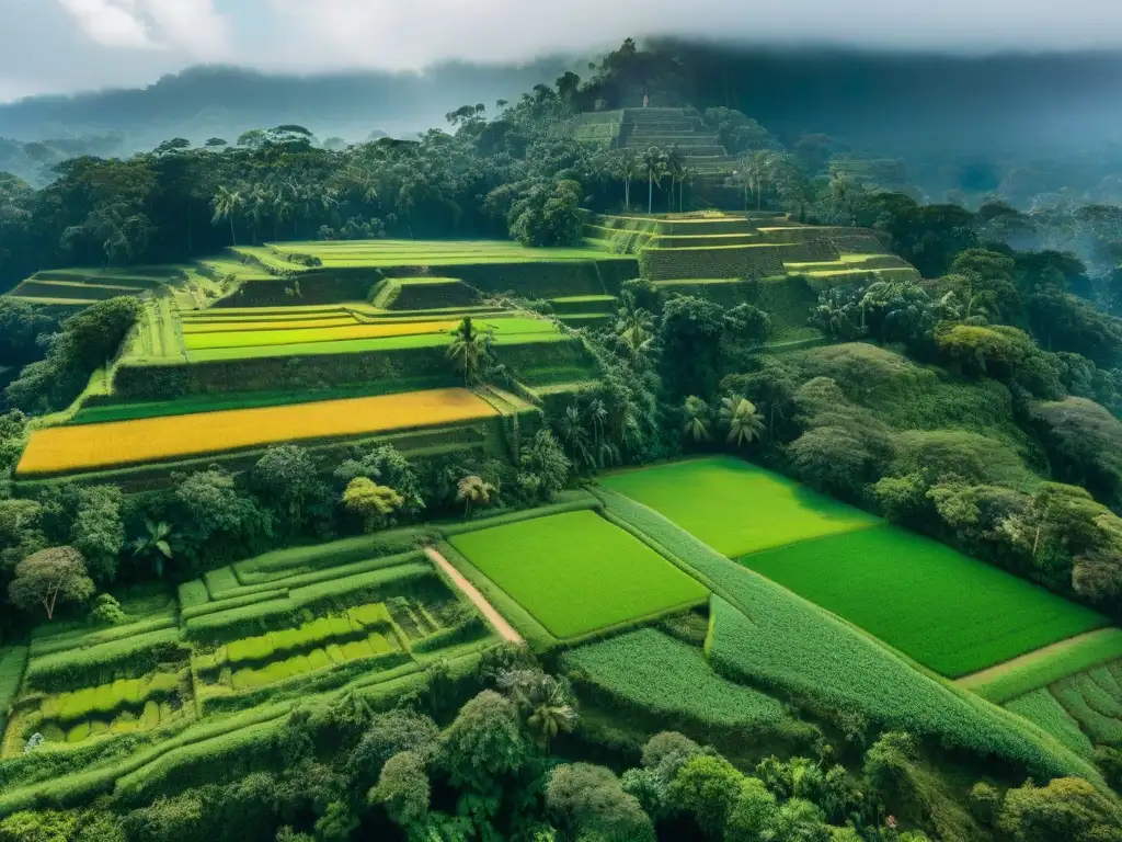 Vista aérea de un antiguo sitio agrícola maya con terrazas e irrigación