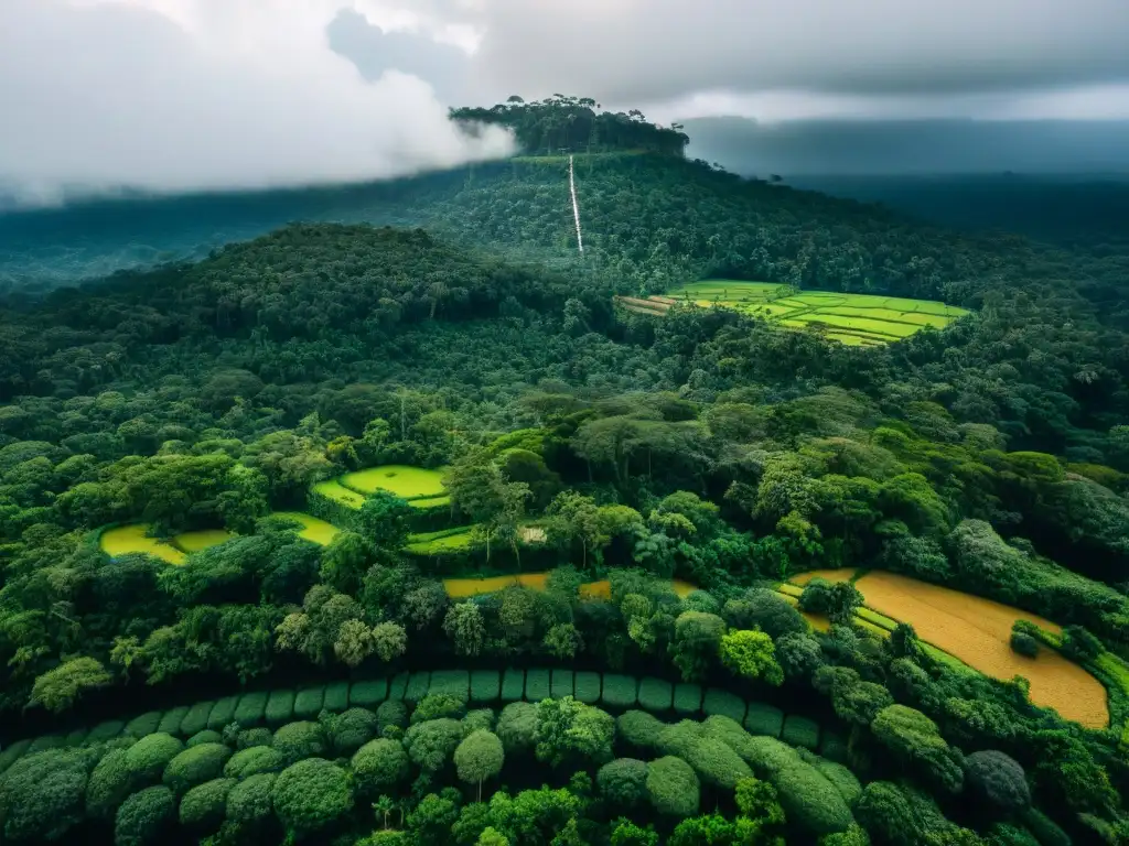 Vista aérea de antiguos cultivos mayas rodeados de selva tropical, destacando adaptación al cambio climático en comunidades mayas