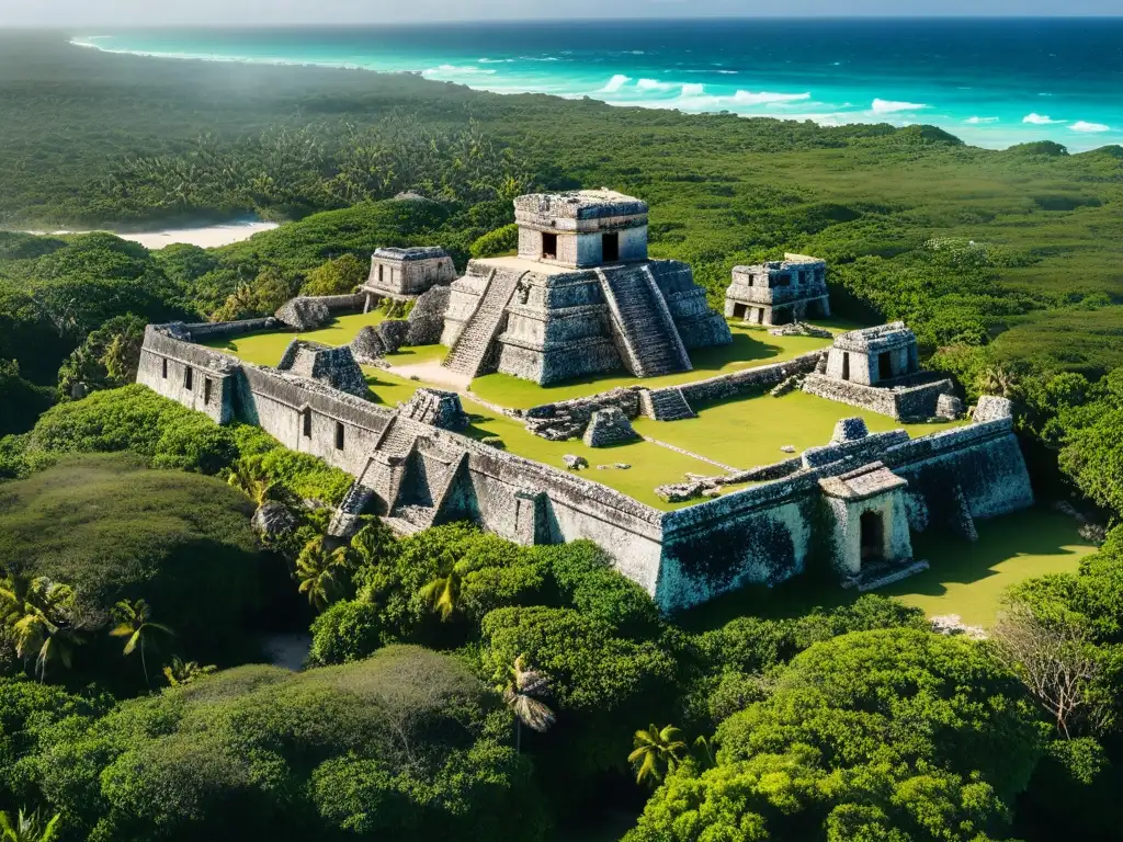 Vista aérea de Tulum, ciudad maya con arquitectura defensiva en la selva