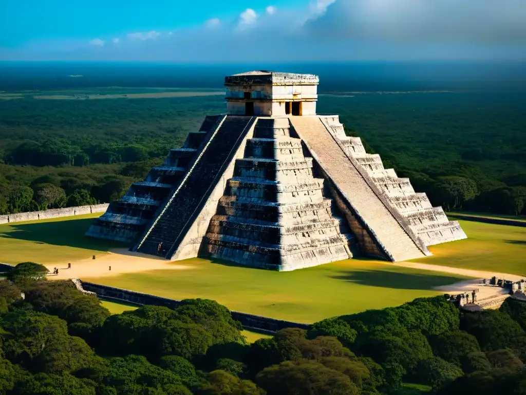 Vista aérea de Chichen Itza resaltando la orientación astronómica en arquitectura maya