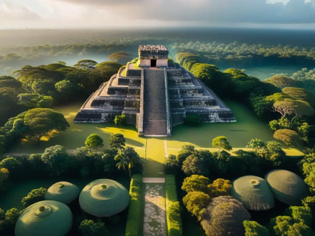 Vista aérea de asentamientos mayas con dinámicas sociales y vegetación exuberante