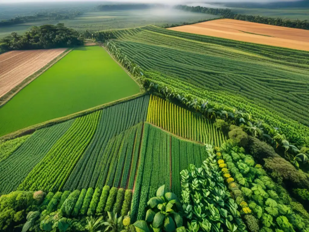 Vista aérea de campos verdes en la Península de Yucatán, destacando las técnicas agrícolas mayas sostenibles