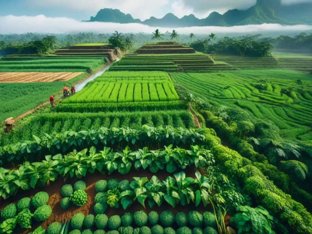 Vista aérea de campos verdes y selva con agricultores mayas aplicando compost