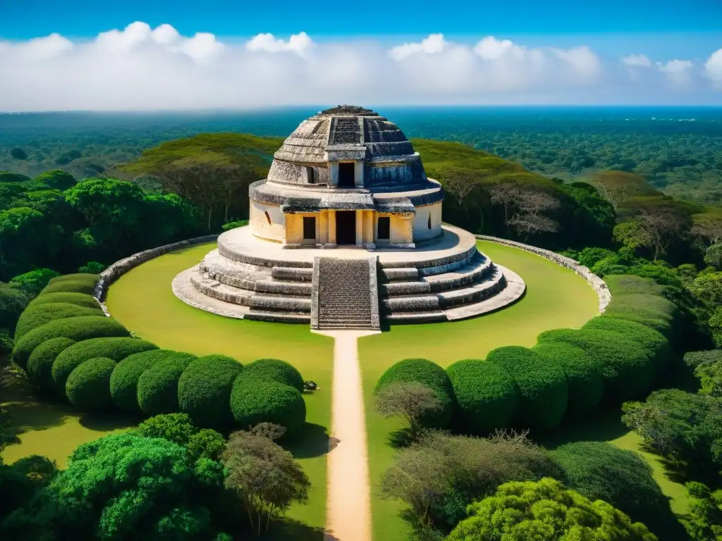 Vista aérea de El Caracol en Chichén Itzá, resaltando su arquitectura maya y entorno natural