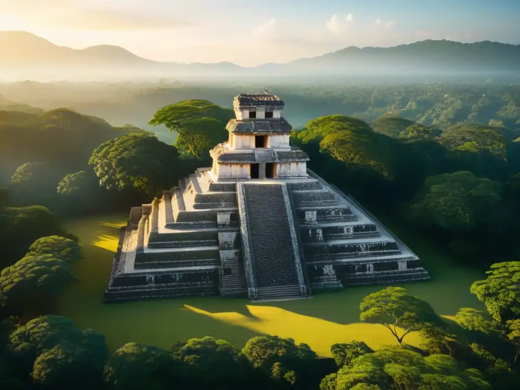 Vista aérea de Palenque con orientación celestial en arquitectura maya