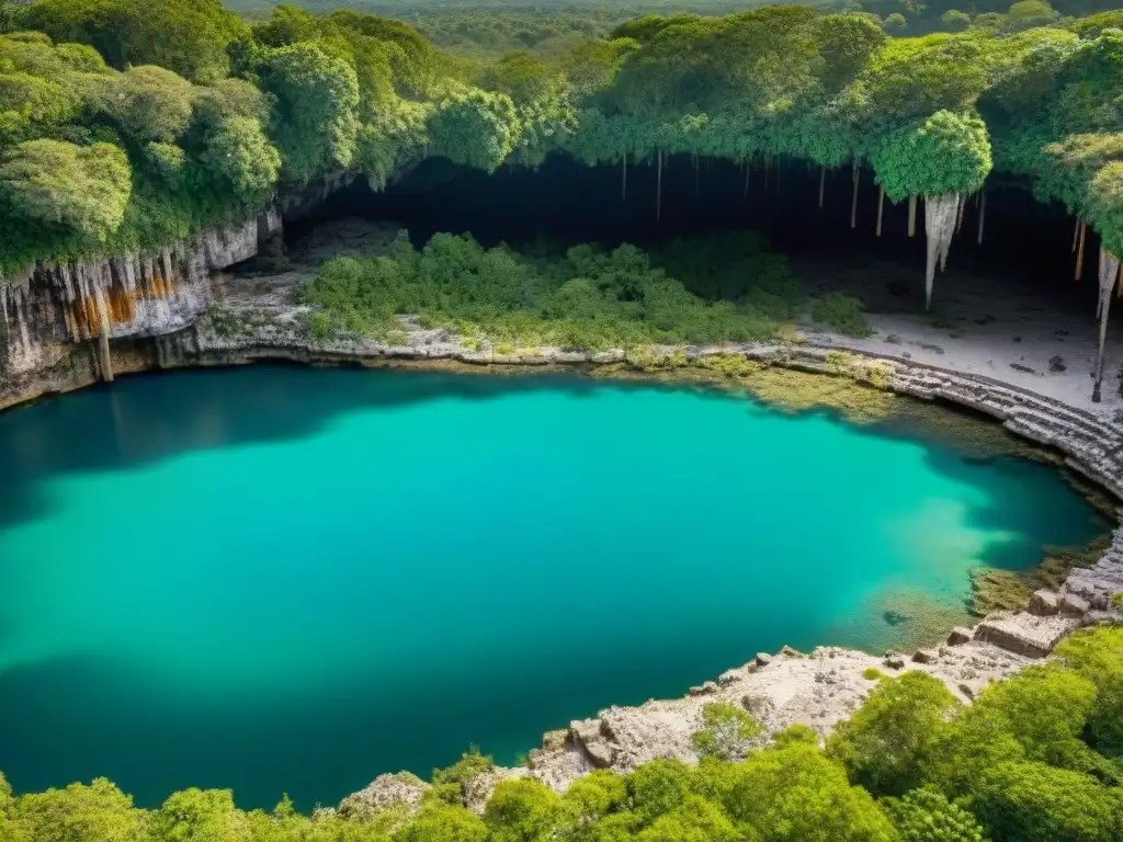 Vista aérea de un cenote maya rodeado de ofrendas y vegetación exuberante, revelando la significado de las ofrendas en cenotes mayas