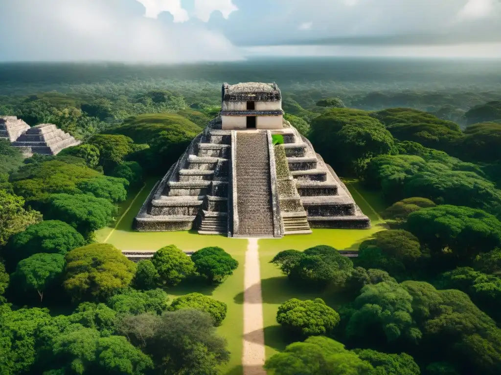 Vista aérea de un centro urbano maya, destacando la narrativa visual en arquitectura maya