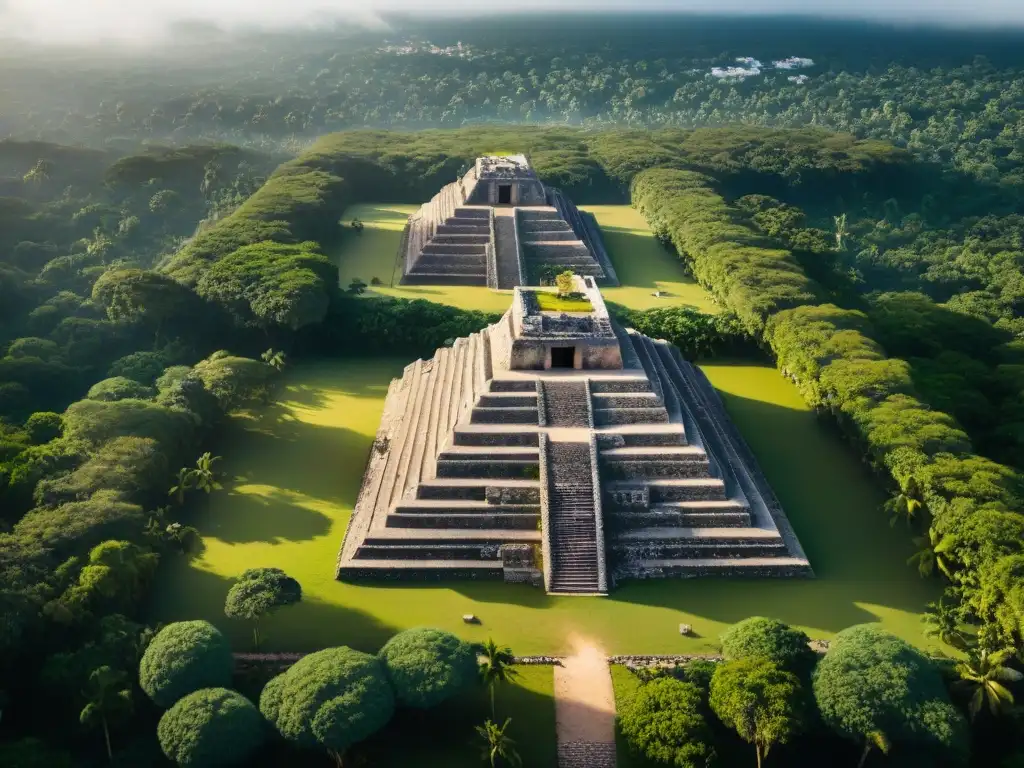 Vista aérea de la ciudad maya de Sayil en la Ruta Puuc, con sus pirámides y palacios entre la exuberante selva de Yucatán