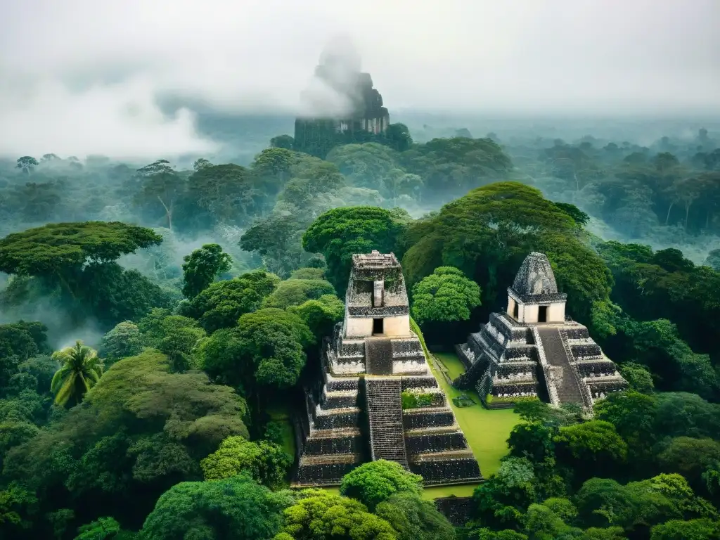 Vista aérea de Tikal, ciudad maya, con templos y pirámides rodeados de exuberante vegetación