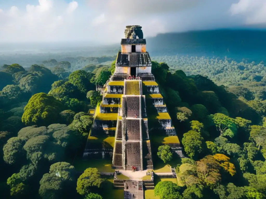 Vista aérea de Tikal, ciudad maya, resalta colores vibrantes y significado cultural del color maya